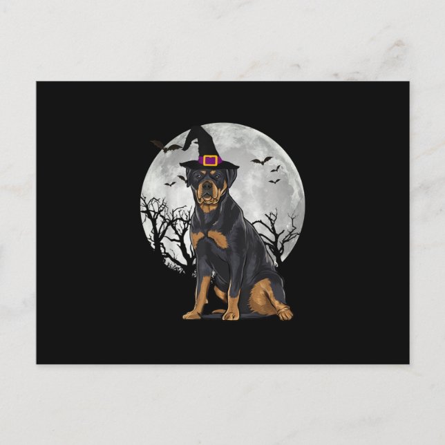 Scary Rottweiler Hund Witch Hat Halloween Meddelande Vykort (Framsida)