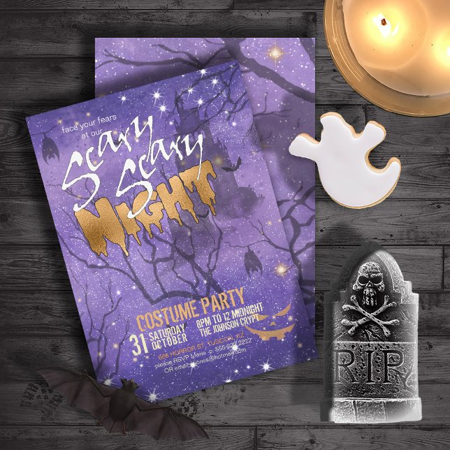 Scary Scary Night Halloween Lila ID946 Inbjudningar (Front/Back In Situ)