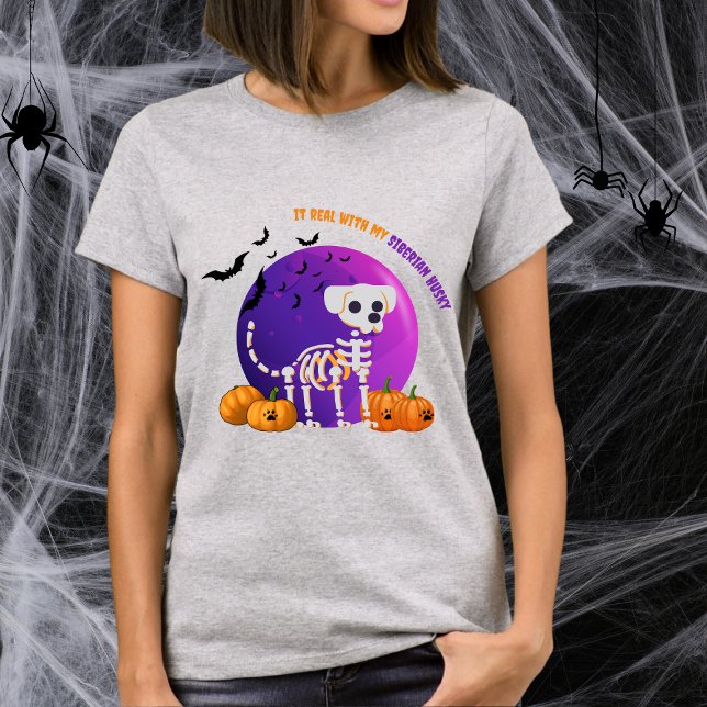 Scary Siberian husky Halloween Full Moon T-Shirt (Spooky Halloween t-shirt with a dog skeleton, full moon, pumpkins, bats, and your favorite dog breed)