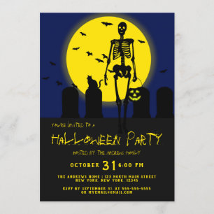 Scary Skeleton Cat Fladdermus Graveyard Scene Hall Inbjudningar