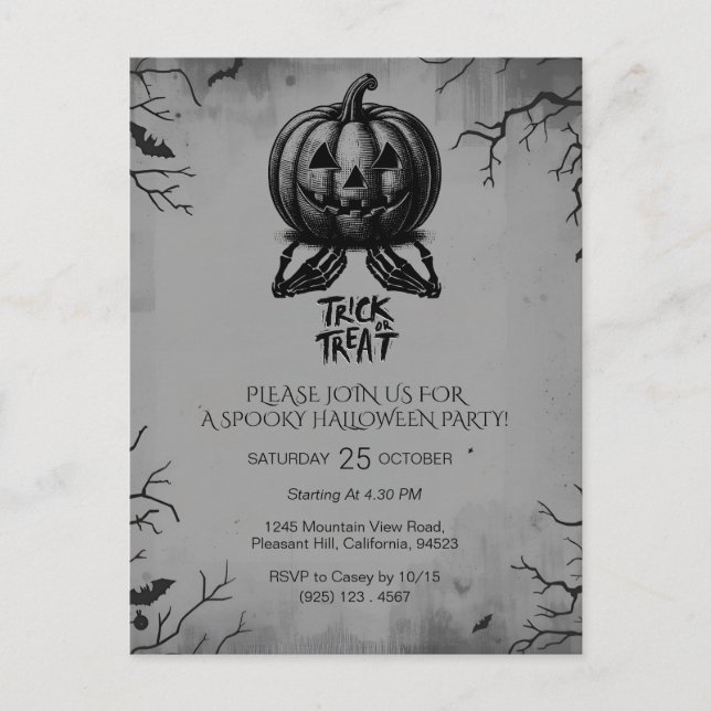 Scary Skeleton Pumpkin Bus eller godis Spooky Part Vykort (Framsida)