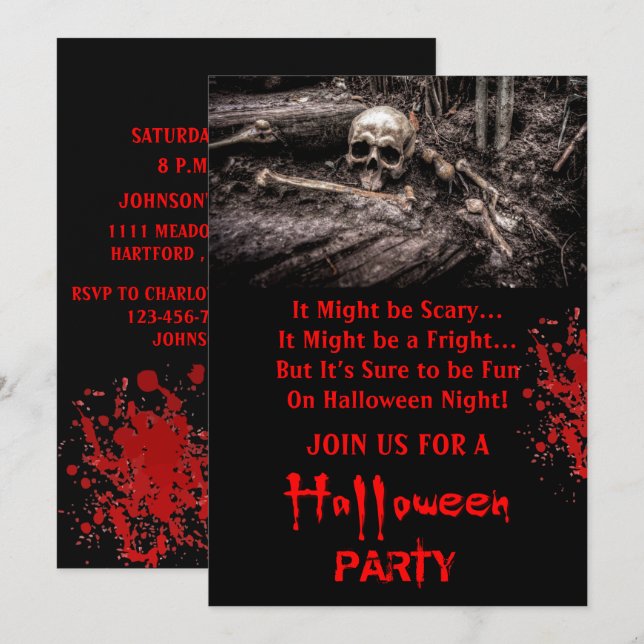 Scary Skull och Bones Halloween fest  Inbjudningar (Fram/baksida)