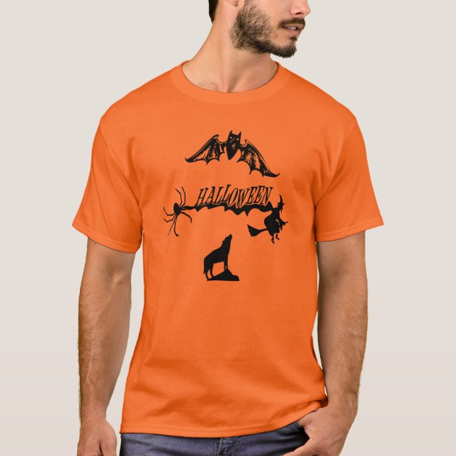Scary Spider Fladdermus Varg Witch på Broom Hallow T Shirt (Framsida)