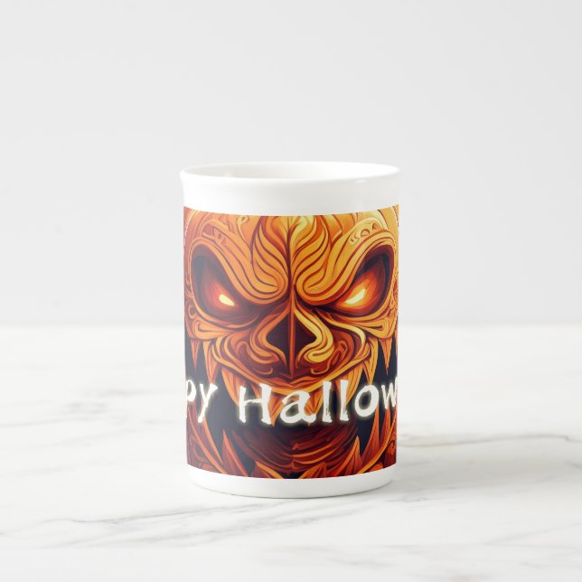 Scary Tittar Orange Pumpkin med Ansikte, Halloween Benporslin Mugg (Framsidan)