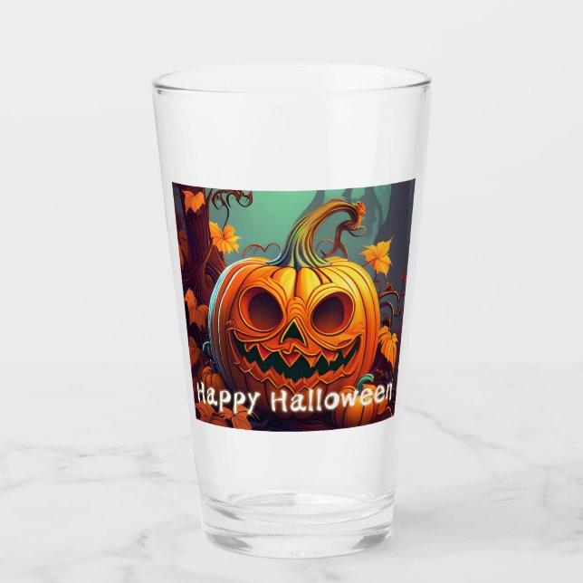 Scary Tittar Orange Pumpkin med Ansikte, Halloween Glaskopp (Framsida)