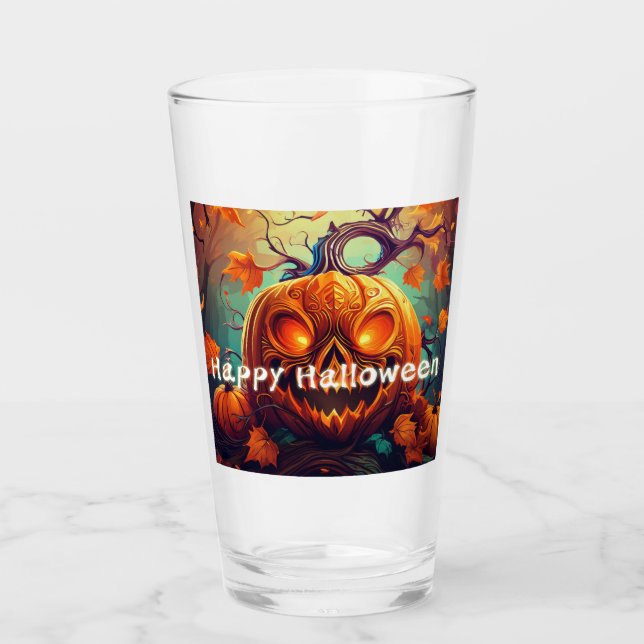 Scary Tittar Orange Pumpkin med Ansikte, Halloween Glaskopp (Framsida)
