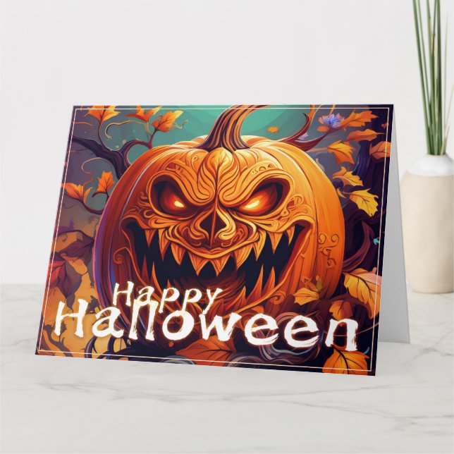 Scary Tittar Orange Pumpkin med Ansikte, Halloween Kort (Framsida)