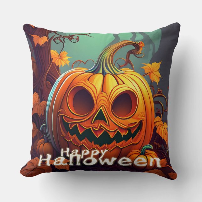 Scary Tittar Orange Pumpkin med Ansikte, Halloween Kudde (Framsida)