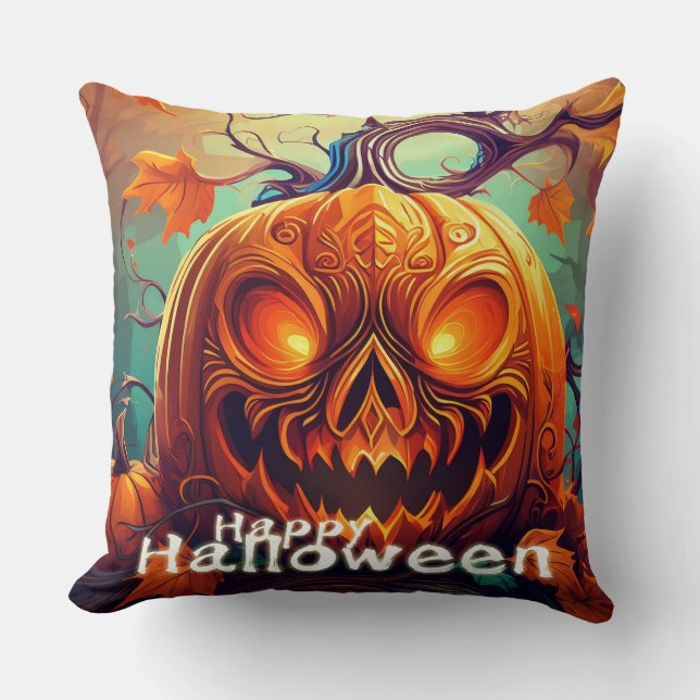 Scary Tittar Orange Pumpkin med Ansikte, Halloween Kudde (Framsida)