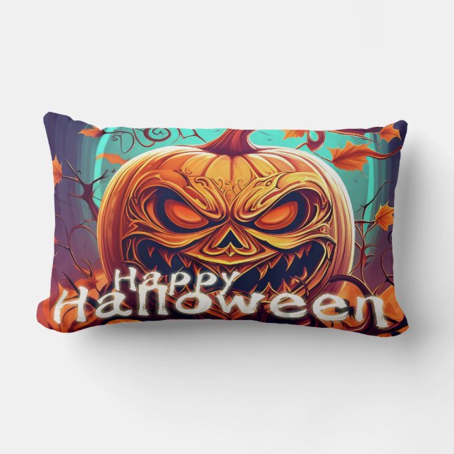 Scary Tittar Orange Pumpkin med Ansikte, Halloween Lumbarkudde (Framsida)