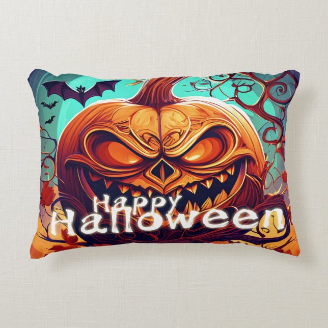 Scary Tittar Orange Pumpkin med Ansikte, Halloween Prydnadskudde (Framsidan)