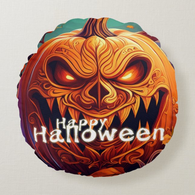 Scary Tittar Orange Pumpkin med Ansikte, Halloween Rund Kudde (Framsidan)