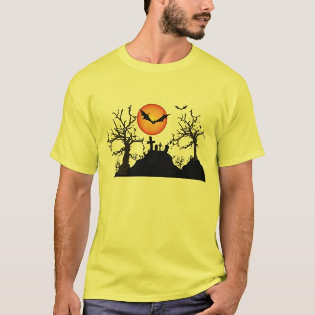 Scary Träd med Fladdermus Halloween Tee Shirt (Framsida)
