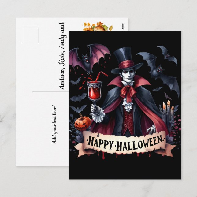 Scary Vampire och Fladdermus - Happy halloween Helg Vykort (Fram/baksida)