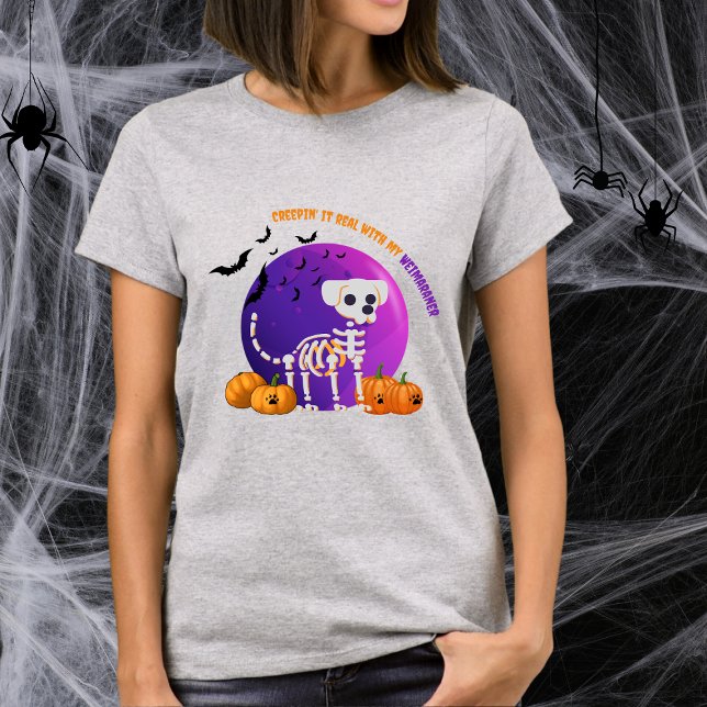 Scary Weimaraner Halloween Full Moon T-Shirt (Spooky Halloween t-shirt with a dog skeleton, full moon, pumpkins, bats, and your favorite dog breed)