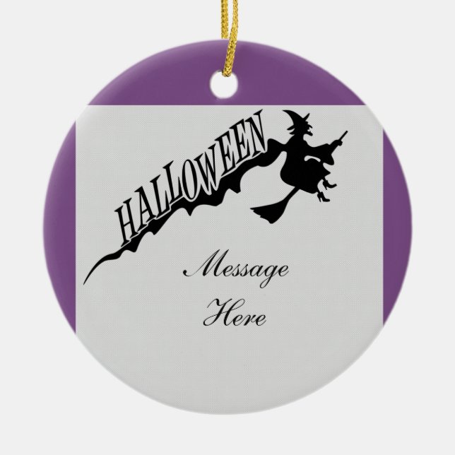 Scary Witch Riding Broom Halloween Thunder_Cove Julgransprydnad Keramik (Framsidan)