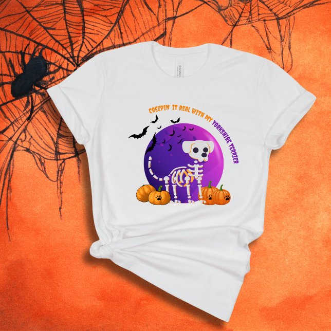 Scary Yorkshire Terrier Halloween Full Moon TShirt T Shirt (Spooky Halloween t-shirt with a dog skeleton, full moon, pumpkins, bats, and your favorite dog breed)