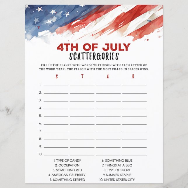 Scattergories 4 juli-partyspel (Framsida)