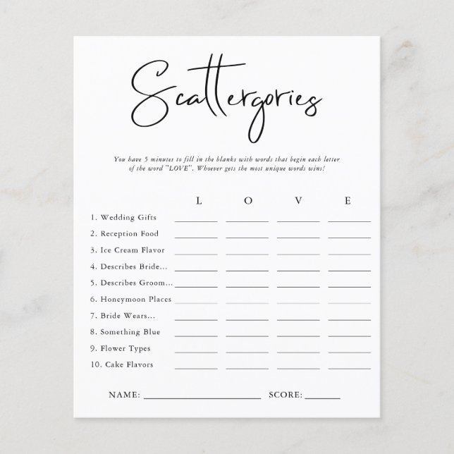 Scattergories | Bröllopsduschspel (Framsida)