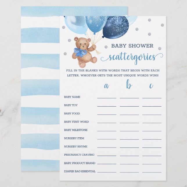 Scattergories Spel Baby Shower Teddybjörn  (Fram/baksida)