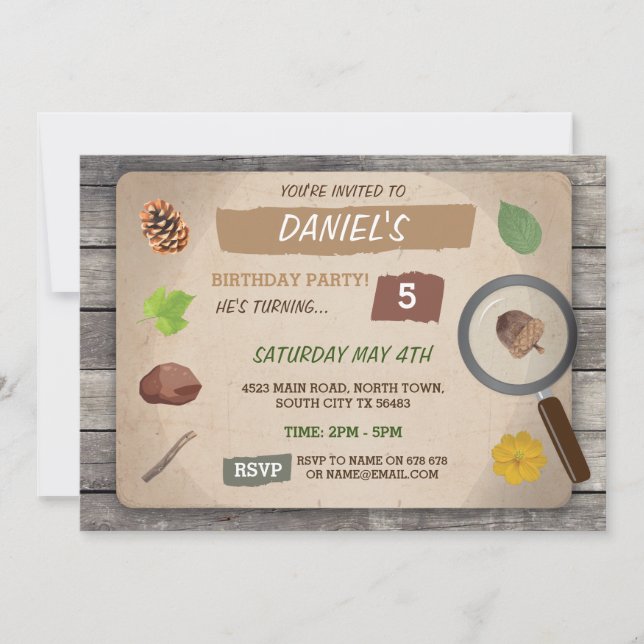 SCAVENGER HUNT BARNS FÖDELSEDAG PARTY GARDEN INBJU INBJUDNINGAR (Framsida)