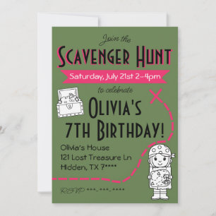 Scavenger Hunt Födelsedagsfest inbjudan Grönt