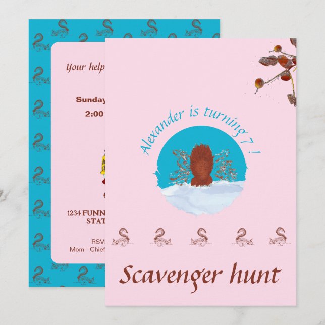 Scavenger hunt kul ekorre gräver på pastellrosa inbjudningar (Fram/baksida)