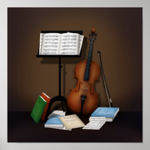 Scen med Cello- och musikställ Poster