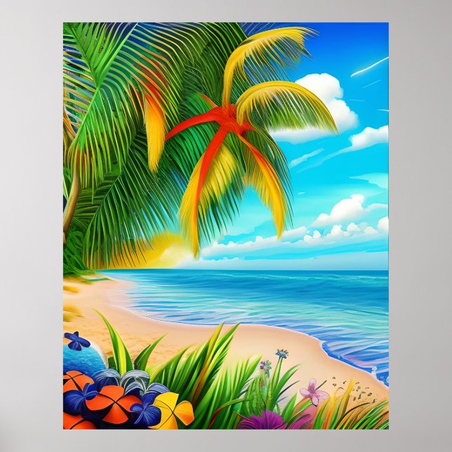 Scen med Tropiska Beach Handflatan Träd Poster (Framsidan)