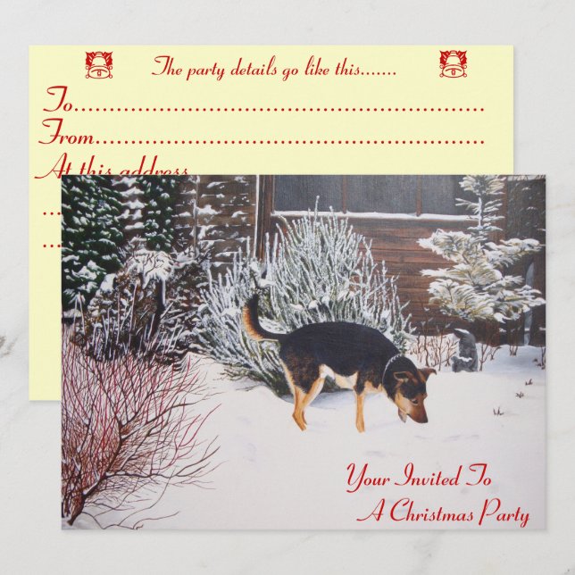 scen snö med söt svart och hund christmas inbjudningar (Fram/baksida)