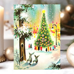 Scen vintage Snö Bunnies Julgran Helgkort<br><div class="desc">Vintage Snö Bunnies Julgran Scene Helgdag Card. Den här konstruktionen har bunnier i snö framför ett tänt Julgran. Vilken vacker helgdag. Anpassa anpassad design med ditt eget i hälsning.</div>