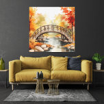 Scen Watercolor Autumn Bridge over Stream Canvastryck<br><div class="desc">Wrapped canvas wall art med en scenisk vattenfärgsillustration av ett höstlandskap med träd i vibrerande höst färger i bakgrunden,  en trädad gångbro över en strömmande ström och skuldrar i förgrunden. Visas i 12 x 12. Ytterligare storlekar och stilar är tillgängliga,  bilden kan behöva ändras för att passa önskad storlek.</div>