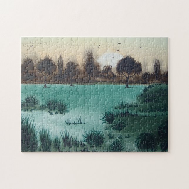 Scenarielandskapets solnedgång över skogslätter ko pussel (Horisontell)