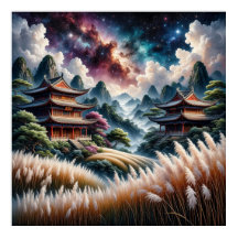 Scenasiatiska templar mot Himmel i Starry