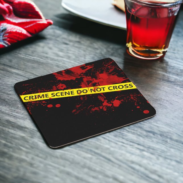 Scenband för polisbrott underlägg papper kvadrat (Police Crime Scene Tape Square Paper Coaster from Ricaso. Murder Mystery Party accessories)