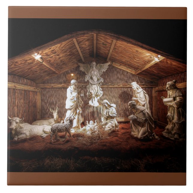 Scene för julklapp Jesus Nativitetshanterare Kakelplatta (Framsidan)