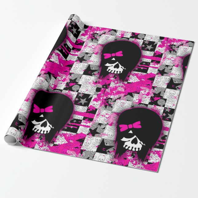 Scene Girl Skull Wrapping Papper Presentpapper (Utrullad)