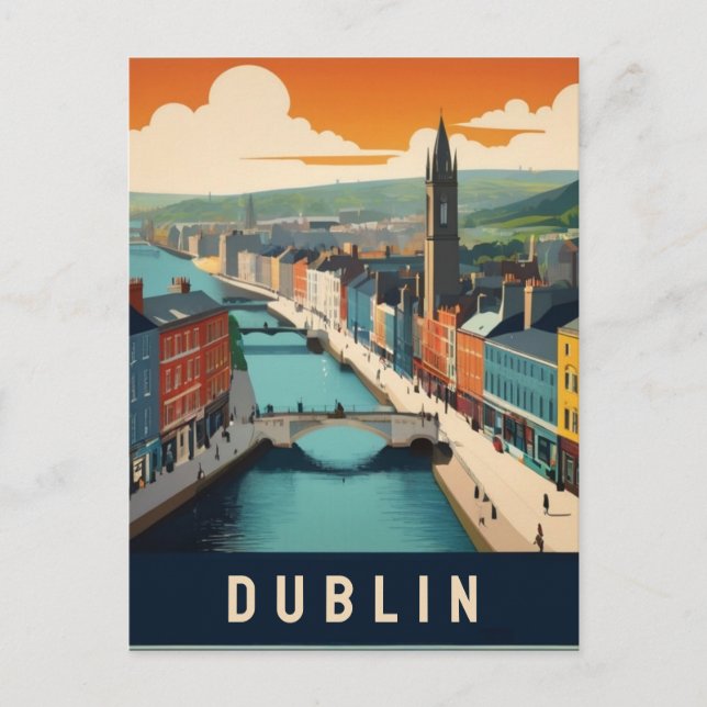 Scenen Dublin Ireland Retro Travel Art River Vykort (Framsida)