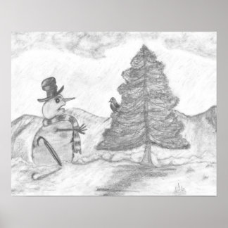 Scenen Snögubbe Grayscale Pencil teckning christma Poster