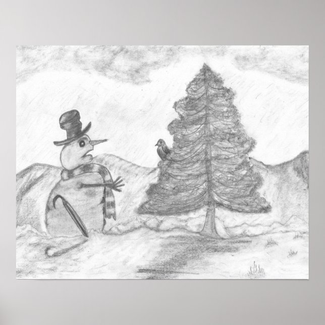 Scenen Snögubbe Grayscale Pencil teckning christma Poster (Framsidan)