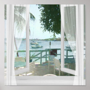 Scenen Tropical Vatten Boats Handflatan Träd Poster