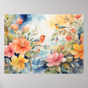 Scenen vatten Färg med fåglar och blommor Poster