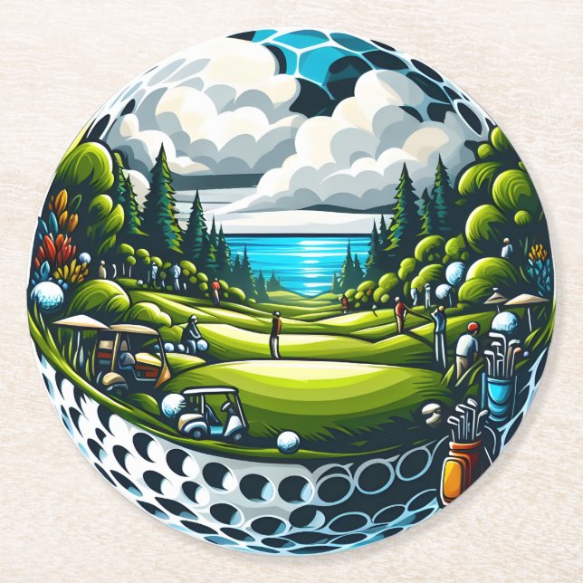 Scener Golf Course with Players and Carts Underlägg Papper Rund (Framsidan)