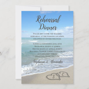Scener Hearts in Sand Beach Rehearsal Dinner Inbjudningar