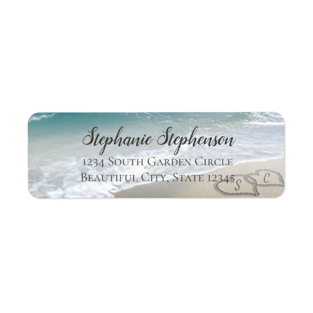 Scener Hearts in the Sand Beach Wedding Adress Returadress Etikett (Framsidan)