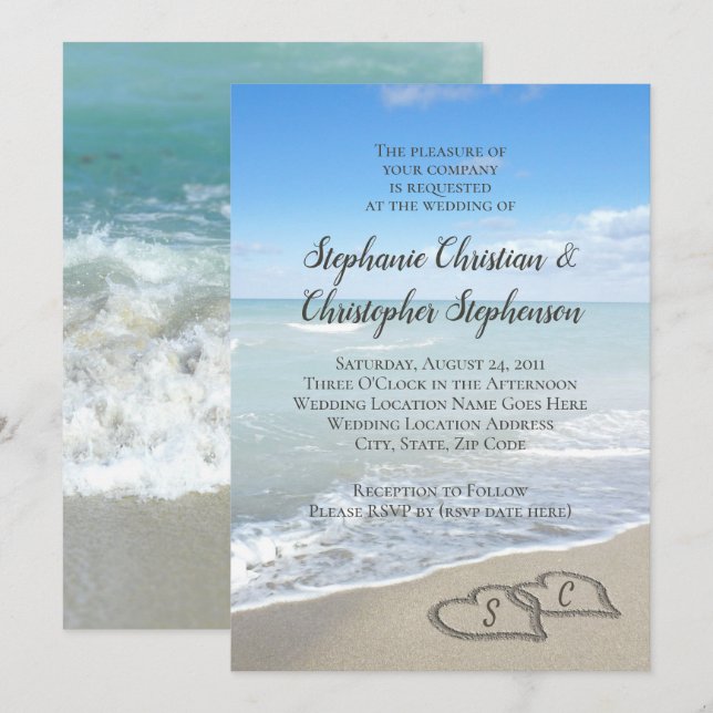 Scener Hearts in the Sand Beach Wedding Inbjudningar (Fram/baksida)