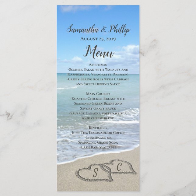 Scener Hearts in the Sand Beach Wedding Menu Meny (Framsida)