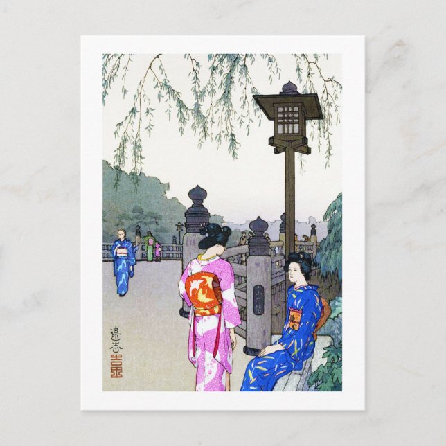 Scenery med kvinnor i en Kimono, Hiroshi Yoshida Vykort (Framsida)
