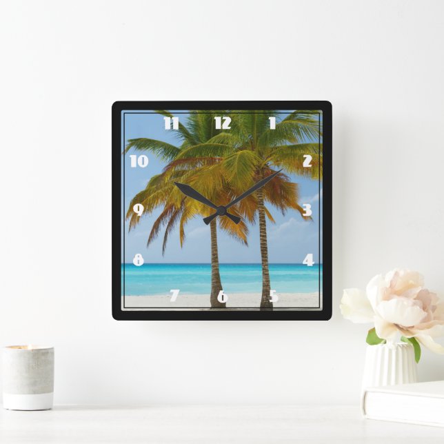 Scenia Handflatan Träd på en tropisk strand Fyrkantig Klocka (Hem)