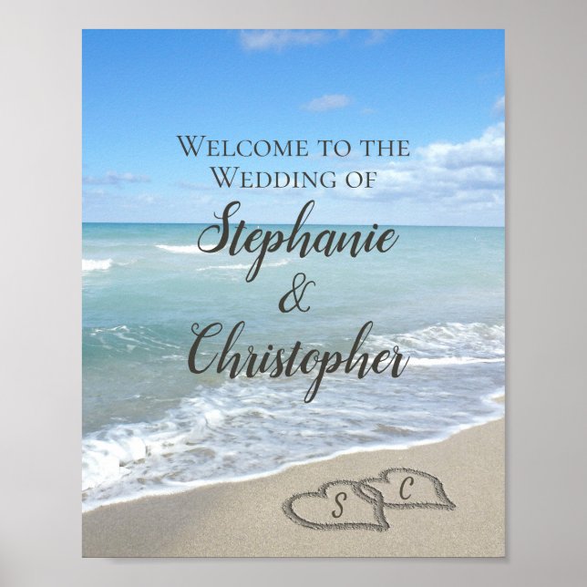 Scenia Hearts in the Sand Beach Wedding Welcome Poster (Framsidan)